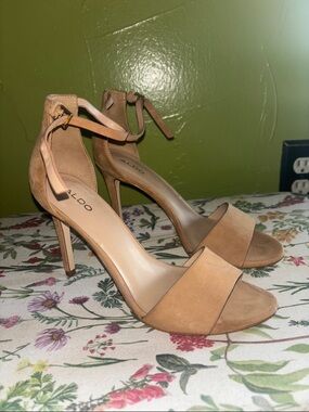 ALDO Tan Suede Open-Toe Ankle-Strap High Heels